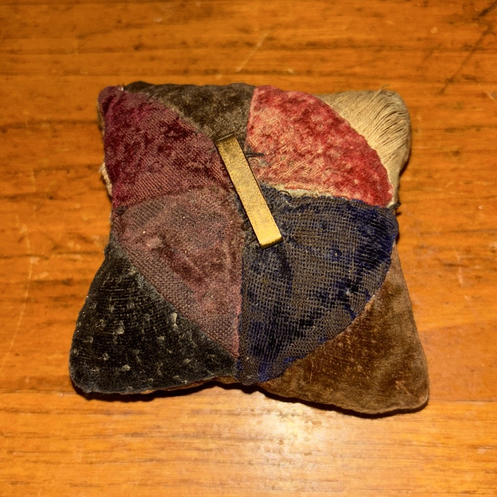 Antique crazy quilt style velvet/silk square with brass pin center pincushion